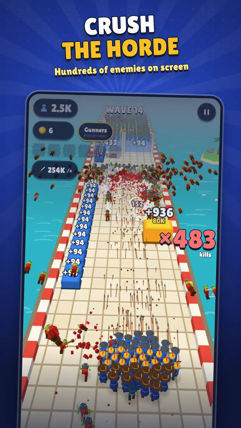 Tiny Legion: the blue legion charges into a horde of hundreds of enemies on a road above the ocean