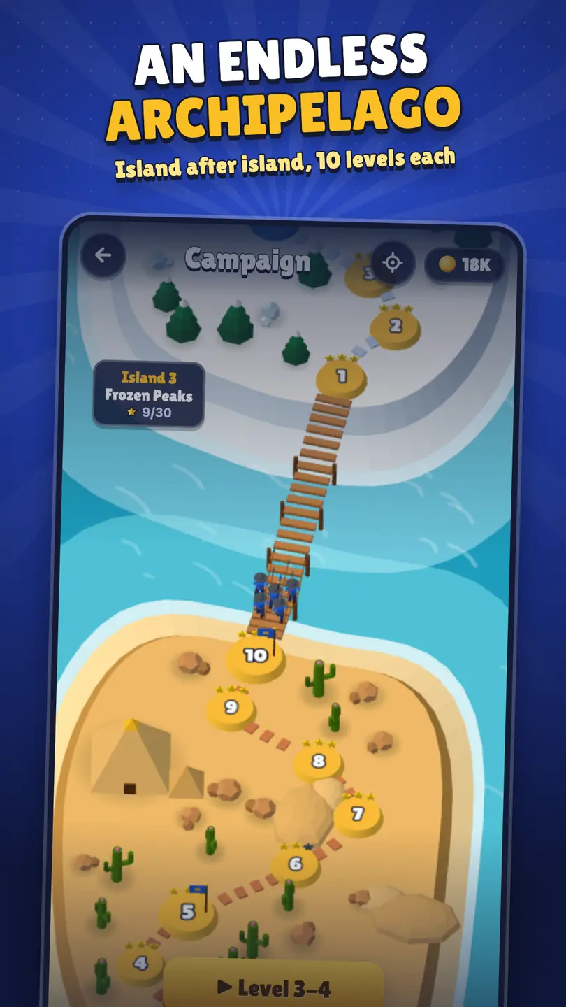 Tiny Legion: the campaign map, a desert island linked by a bridge to a snowy island